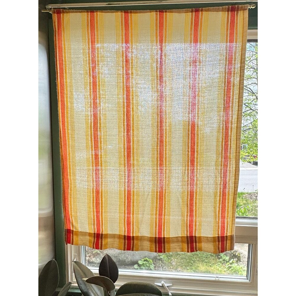 Vintage 1970s curtain, beige, yellow orange stripes, rod header